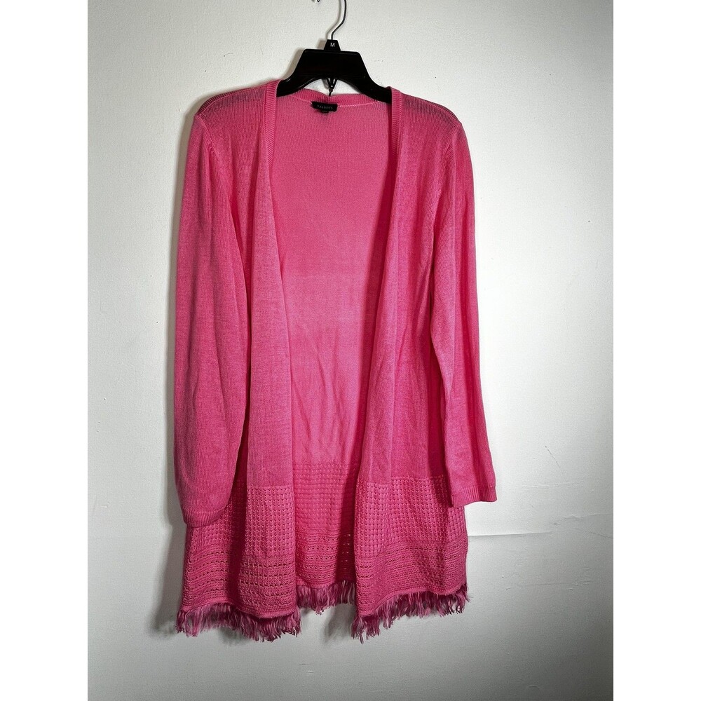 Talbots Sweater Cardigan Womens Large Pink Crochet Fringe Hem Lightweight Knit